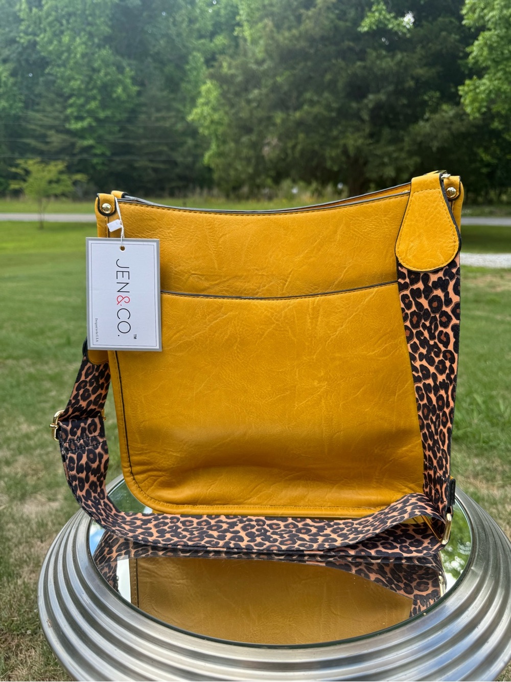 Mustard Yellow Crossbody Bag with Leopard Strap